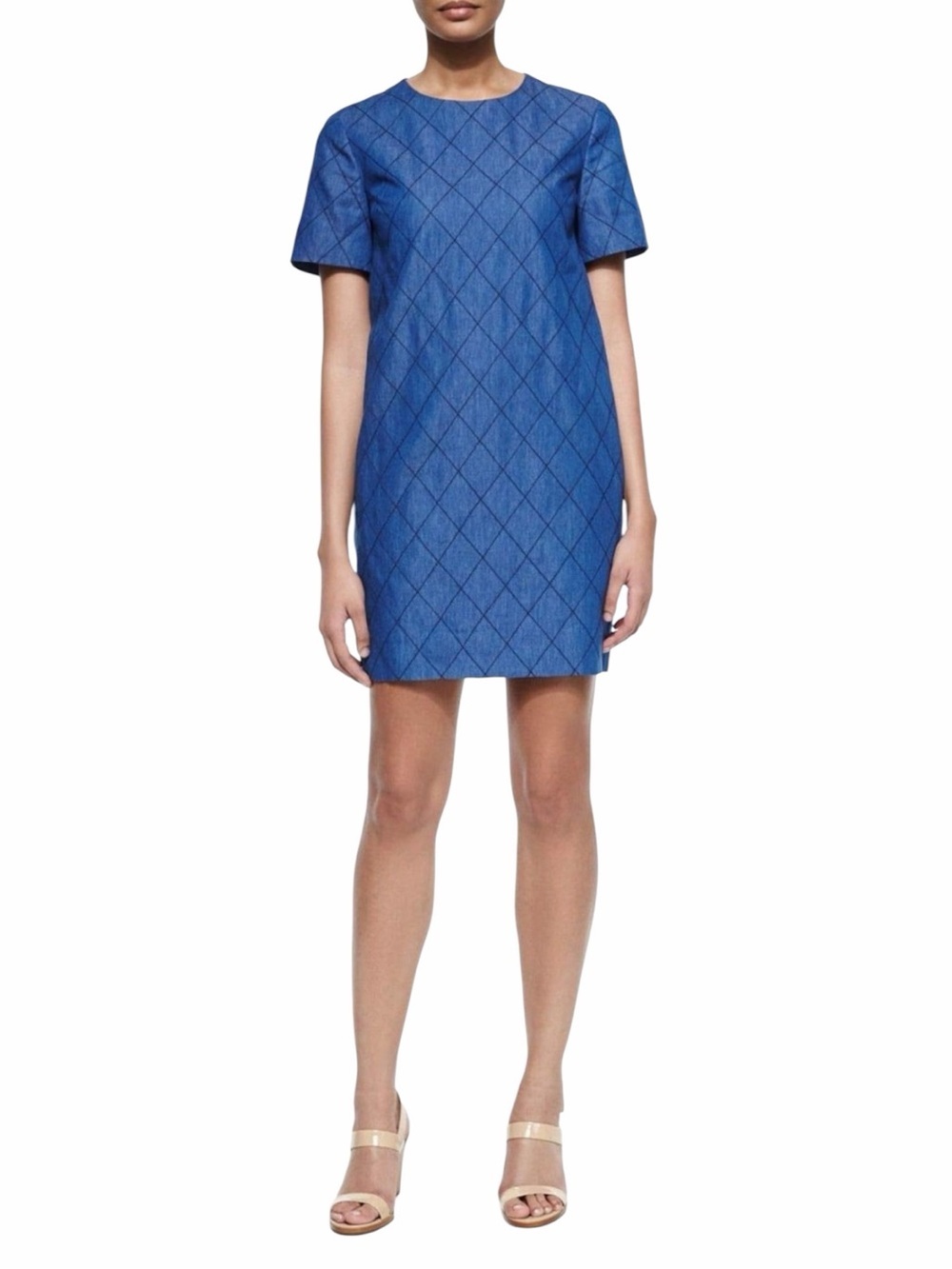 Kate Spade Quilted Chambray Denim Shift Dress Indigo Blue Diamond Pattern Size 2